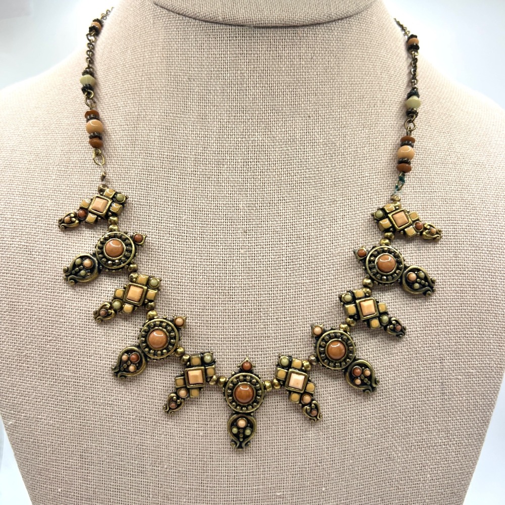 Vintage Style Brass Tone Beaded Bib Necklace Boho Earth Tone Geometric Statement